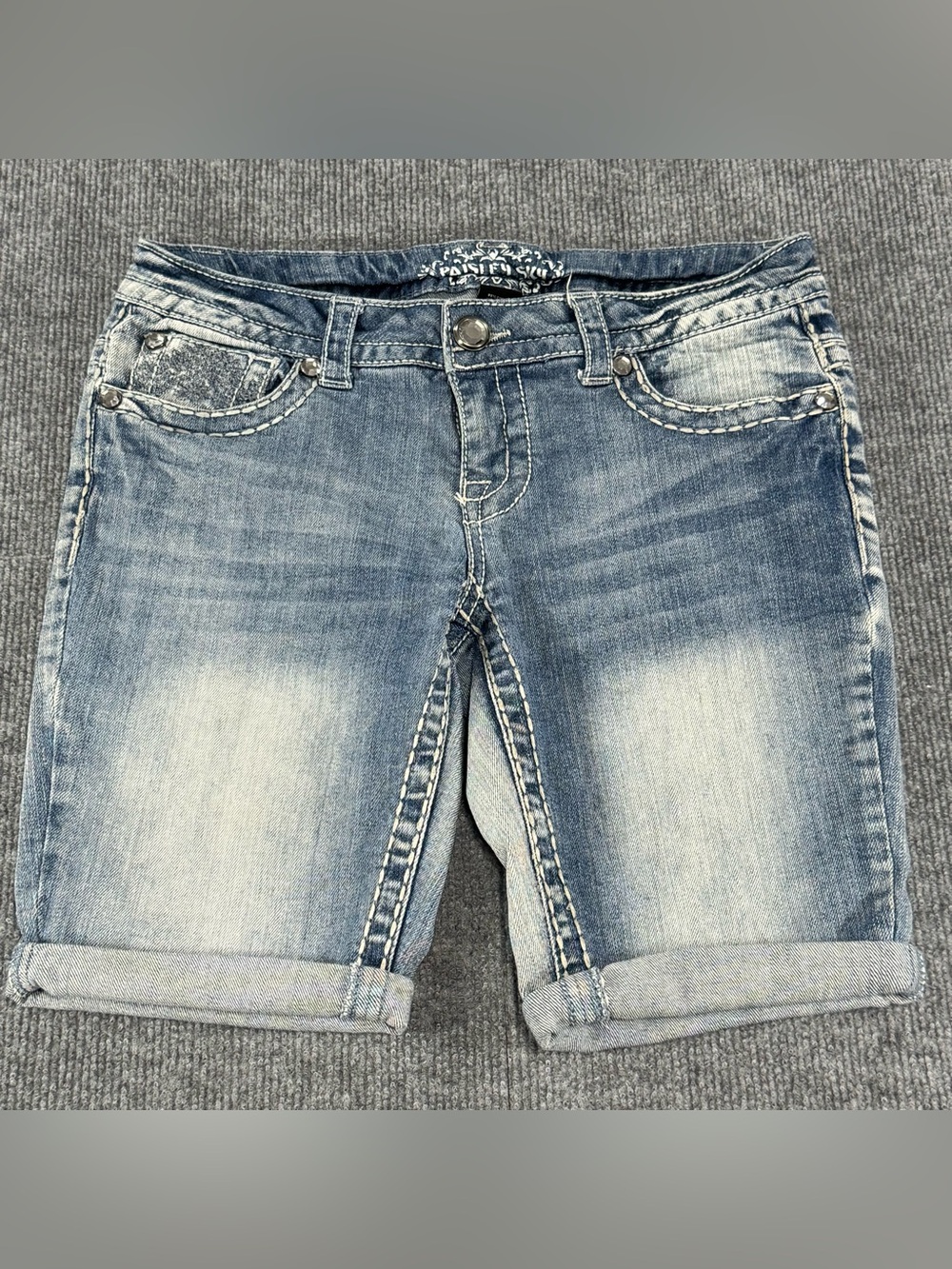 Paisley Sky Thick Stitch Denim Bermuda Shorts 2  Whiskered Y2K McBling Jean